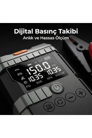 Akü Takviyeli Lastik Şişirme Hava Kompresörü, 150 Psı Güçlü Hava Basıncı, 12000 Mah Uzun Şarj Ömrü, Akü Ju
