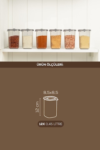 Vienev 12'li Döner Başlık Kapaklı Etiketli Hava Geçirmez 0,45 Lt Baharat Saklama Seti Antrasit