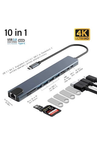 Cr20 10in1 Mac-book Thunderbolt 3 Uyumlu Adaptör Çevirici Hub Type-c'den 4k30hz Hdmı, Usb 3.0, Type-c Pd 100w 20v 5a Hızlı Şarj, Type-c 3.1 Data Port, Sd Ve Micro Sd Kart Okuyucu Rj45 100mbps
