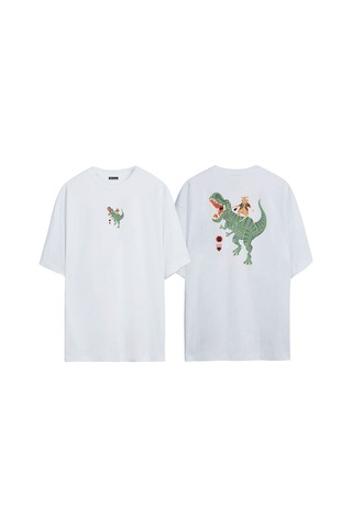Thewert Unisex Dinazor Ve Cat Ön Arka Baskılı Beyaz Oversize T-shirt