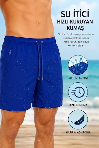 Miami Beach İndigo Uzun Düz Basic Model Su İtici Özellikli Esnek Kumaş Erkek Plaj Deniz Şort Mayo // 2205-indigo