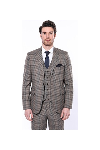 Wessi Kare Desenli Slim Fit Kahverengi Erkek Ceket 001