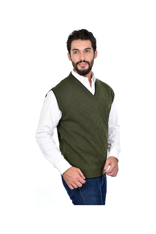 Kamalı Haki Erkek Çelik Örgü Intersiye Kışlık Kalın Triko V Yaka Triko Örgü Tüylenmez Süveter Haki