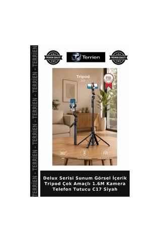 Delux Serisi Sunum Görsel İçerik Tripod Çok Amaçlı 1.6m Kamera Telefon Tutucu C17 Siyah