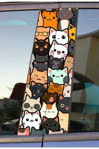Çılgın Kediler Baskılı Araç Kapı Direk Kaplama Folyo Sticker 2'li Sağ&sol