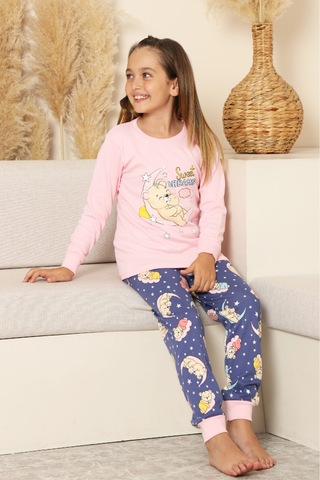 Kız Çocuk %100 Pamuk İnterlok Kumaş Pijama Takımı 6-15 Yaş 12421 Pembe