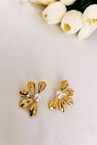 İncili Çiçek Gold Küpe Çok Renkli