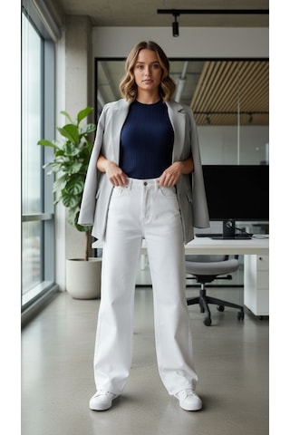 Beyaz Yüksek Bel Denim Palazzo Pantolon- Bol Paça Şık Model Beyaz