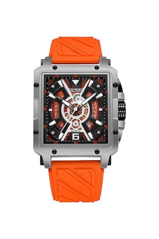 Yashıdun 5071 Şık Kare Kuvars Saat Silikon Kayış Erkekler Aydınlık Bilek Saati - Gümüş Kadran / Turuncu Kayış