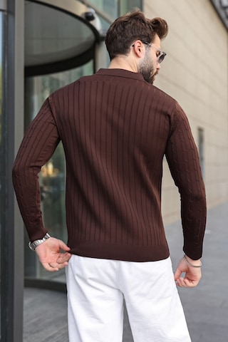 Madmext Kahverengi Polo Yaka Saç Örgü Desenli Erkek Triko Kazak E7519