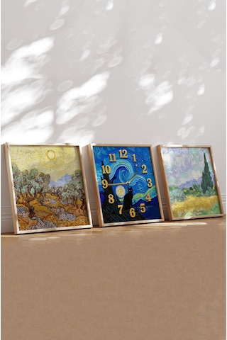 Van Gogh Esintili 3'lü Tablo Seti Kedi Saatli Ahşap Çerçeveli Mdf Tasarım Renkli