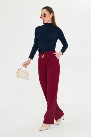 Lovelf Gold Aksesuarlı Bol Paça Pantolon Bordo Bordo