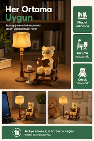 Kitap Okuyan Ayıcık Biblo Lamba Seti - Retro Tasarım Dekoratif Gece Lambası + Mum Hediye 11,5cmx4,2cmx12cm