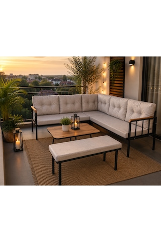 Riva Metal Bahçe Balkon Köşe Takımı Siyah Boyalı İskelet Keten Kumaş Süngerli 180x120 Cm Cappuccino