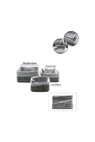 İbico İ22-328 Bambu Kenarlı Kare Organizer Sepet 3'lü Set - Gri Bezli Ahşap Altlıklı