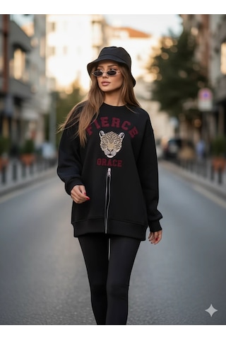 Fermuarlı Leopar Baskılı Oversize Siyah Sweat Siyah