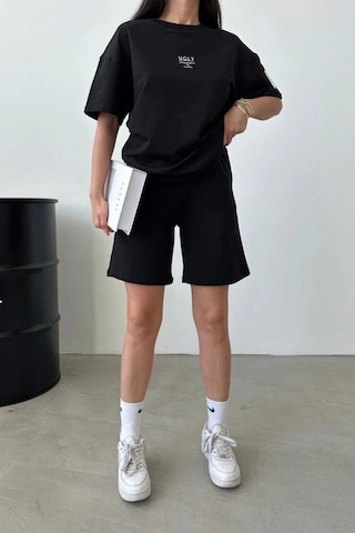 Ugly Baskılı Siyah Şort T-shirt Takım Oversize Bisiklet Yaka Tişört Takım Unisex Siyah