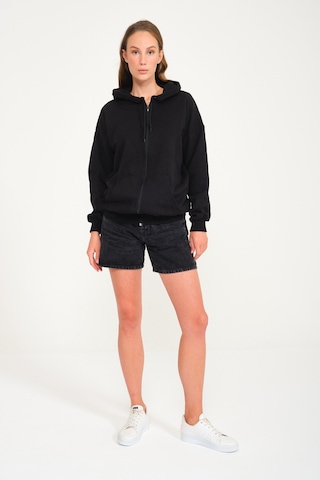 Harmandar Baskısız Unisex Siyah Cepli Kapüşonlu Fermuarlı Sweatshirt Hırka Siyah