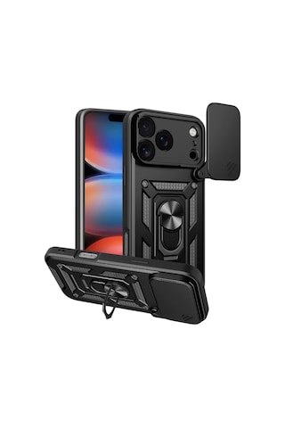 Apple Uyumlu iPhone 17 Pro Pars Lens Yüzüklü Silikon - Siyah Düz Renkli,