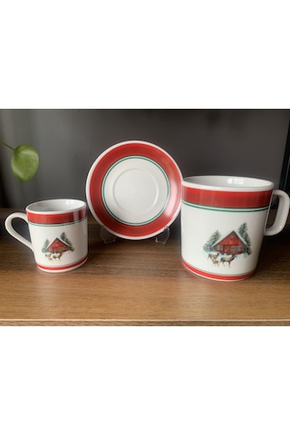 Yeni Yıl-noel Geyikli Ev Model 6 Parça 2 Kişilik Kupa Ve Türk Kahvesi Fincanı Takımı Çok Renkli