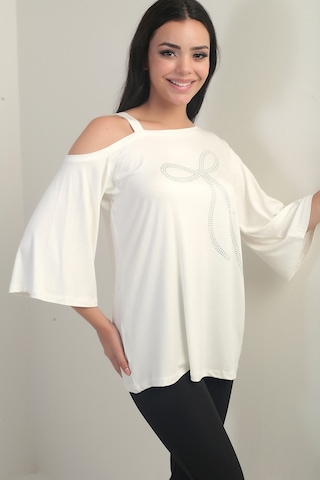 By Saygı Kadın Tek Omuzlu Fiyonk Taş Baskılı Likralı Bluz Ekru