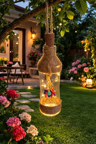2 Li Rustik Şişe Led Balkon Bahçe Süsü Jüt Halatlı Dekoratif Askılı Şişe Fener Duvar Süsü