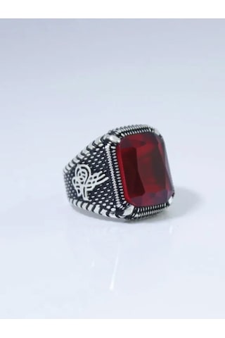 Gümüş Pençe Model Tuğra Desenli Kristal Kesim Kırmızı Taşlı Erkek Yüzük