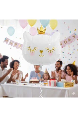 30 İnç Beyaz Kedi Kafası Taçlı Folyo Balon - Doğum Günü Parti Dekorasyon Balonu Çok Renkli