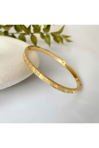 Taşlı Kararmaz Çelik Kelepçe Bileklik Gold - Çelik