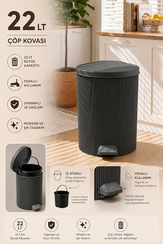 Porsima 0707 Still 22 Litre Pedallı İç Kovalı Çöp Kovası Antrasit Yuvarlak Mutfak Ve Banyo Çöp Kovası Yok