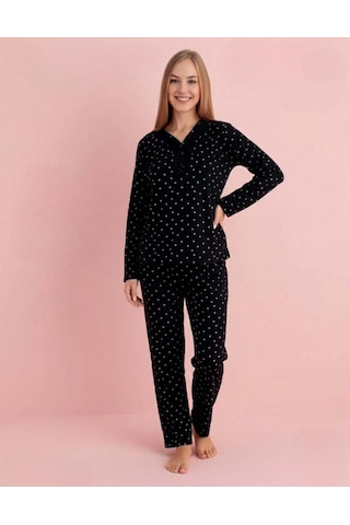 Pijamerry Kadın Bambu Baharlık Dantel Yaka Uzun Kol İnce Pijama Takımı 5211s - 1 Adet Siyah