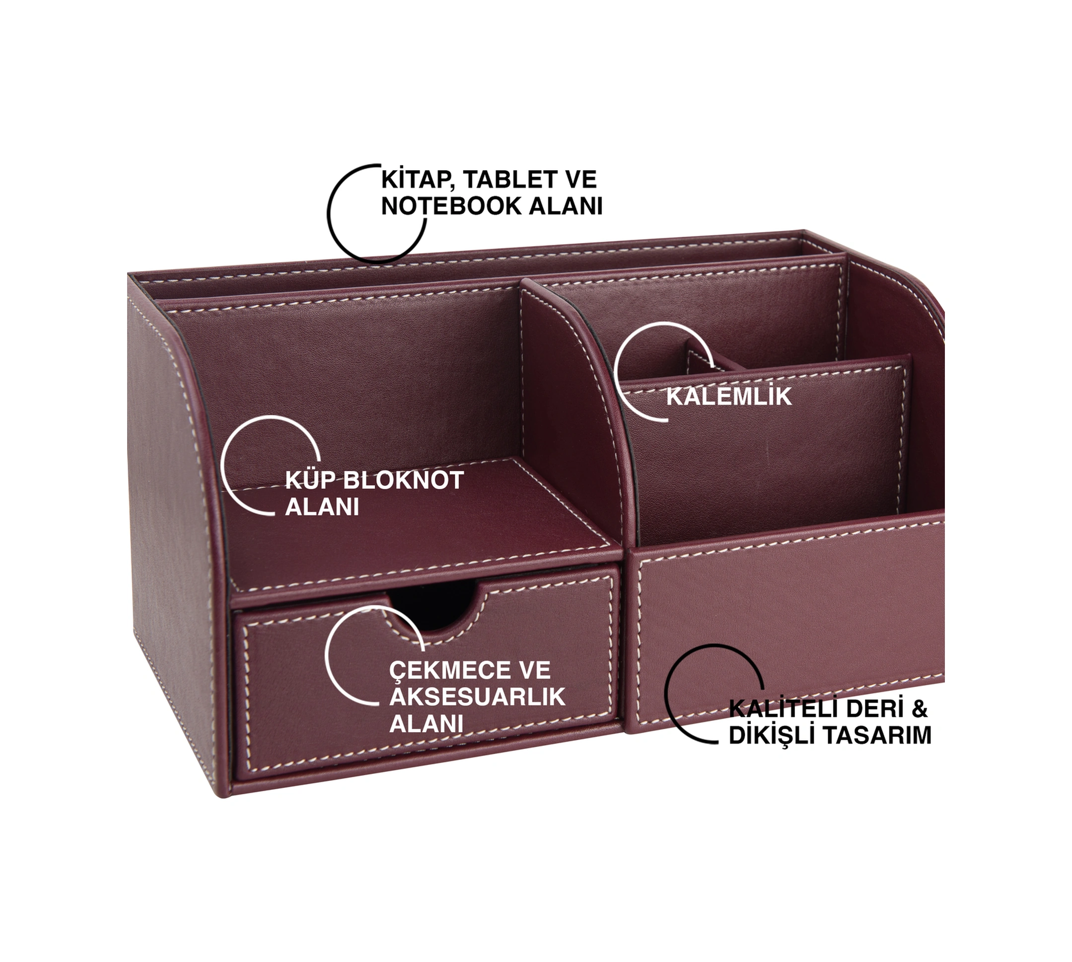 Masaüstü Düzenleyici,kalemlik,kumandalık,küpbloknotluk,tabletlik,kitaplık,6 Gözlü,çekmeceli,desktop Organizer,vegan,24,5 13 12 Bordo