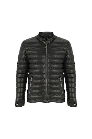 Oliggopol Erkek Siyah Slim Fit İçi Kürklü Şişme Deri Ceket & Mont Siyah