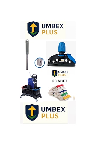 Umbex Çift Kovalı Plastik Temizlik Arabası Paspas Arabası Islak Mop Seti 20 Islak Mop
