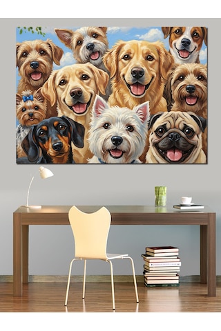 Ahşap Tablo Bir Arada Toplanmış Mutlu Köpekler Çocuk Odası Tabloları