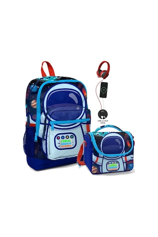 Coral High Okul Çantası Ve Termal Beslenme Çanta Seti - Erkek Çocuk Mavi Astronot Usb Ve Aux Çıkışlı