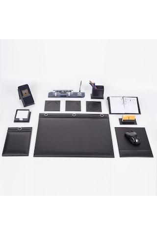 Siyah 10 Parça Düğmeli Sümen Takımı – Kalemli Kristal Masa İsimlik