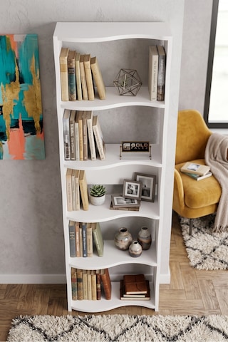 Kitaplık 5 Raflı Esinti Modern Çok Amaçlı Dekoratif Raf Ünitesi Geniş Kütüphane Ofis Kitaplığı 7081 Beyaz Çok Renkli