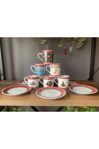 Yeni Yıl-noel Karışık Model 12 Parça 6 Kişilik Porselen Türk Kahvesi Fincan Takımı Çok Renkli