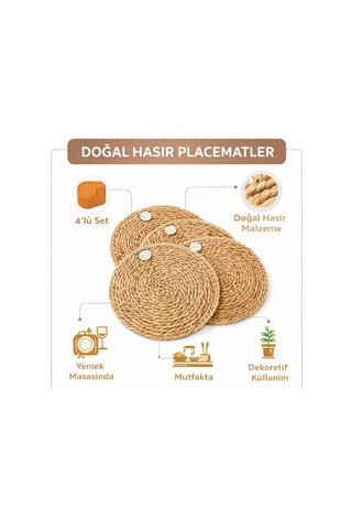 Doğal Hasır Suple 4'lü Set Yuvarlak Amerikan Servis, El Yapımı Hasır Placemats, Kaymaz Dayanıklı Masa Altlığı Diğer