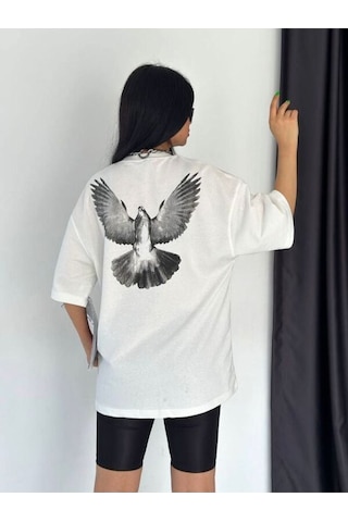 Flood Of Style Unisex Beyaz Güvercin Baskılı Oversize