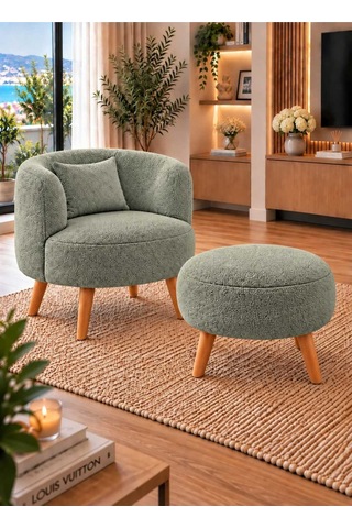 Marbella Teddy Kumaş Berjer Puf Hediyeli, Ahşap Ayaklı Dekoratif Tekli Koltuk Çay Seti Adaçayı Yeşili