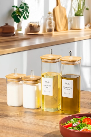 Perotti Cubes Borosilikat 4 Lü Pratik Mutfak Seti Bambu Kapak-yağlık Sosluk Sirkelik Şekerlik Şeffaf