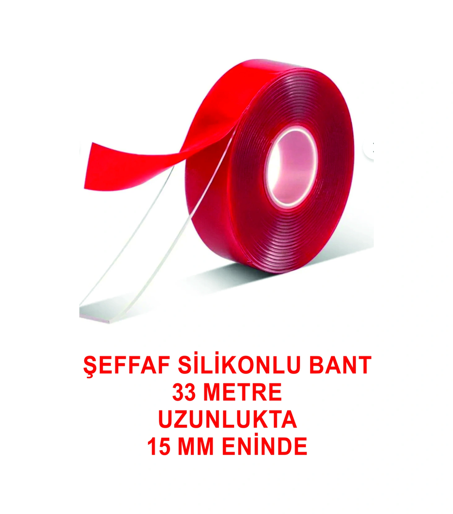 Silikonlu Şeffaf Kırmızı Taşıyıcılı Taraflı Çift Bant 33 M. Uzunlğunda 15 Mm. Eninde 33x15