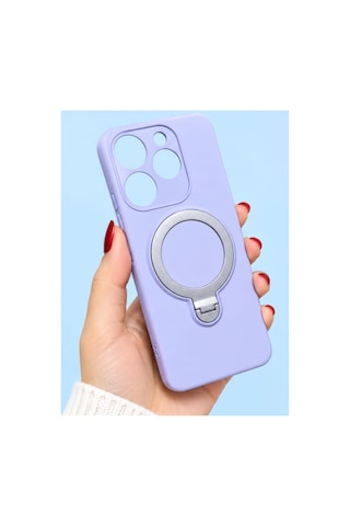 İnfinix Spark 10 Pro İle Uyumlu 360 Derece Dönebilen Kalın Metal Magsafe Halka Stantlı İçi Kadife Korumalı Ultra Lüx Premium Silikon Kılıf Lila