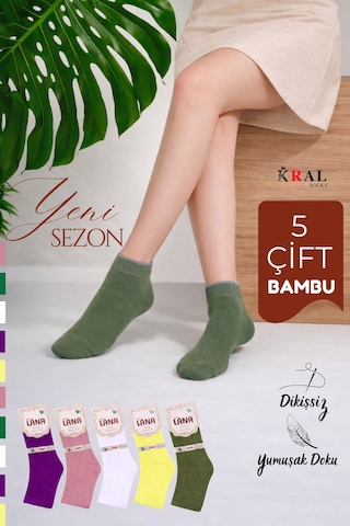 Kral Socks Kadın Kaliteli Bambu Patik 5 Adet Dikişsiz Görünmez Kısa Çorap Asorti