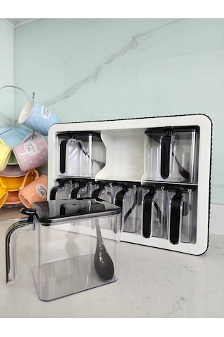 9'lu Baharatlık Takımı Standlı Kendinden Yapışkanlı Kaşıklı Ve Kapaklı Baharatlık Seti Çok Renkli