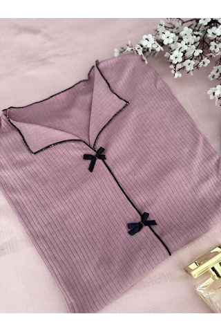Mh Moony Homewears 2'li Kurdele Detaylı Gül Kurusu Penye Pijama Takımı GÜL KURUSU
