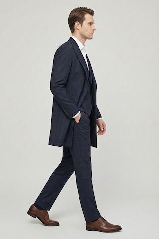 Giotelli Erkek Lacivert Dar Kesim Slim Fit Viskon Ekose Mono Yaka Dokuma Çift Yırtmaçlı Kemerli Bel Tam Astarlı 6 Drop 5'li Erkek Takım Elbise