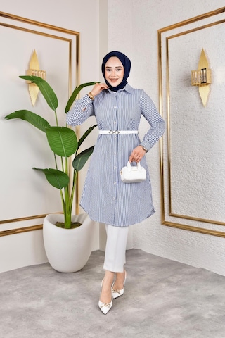Harman Butik Kemerli Çizgili Keten Gömlek Lacivert Lacivert